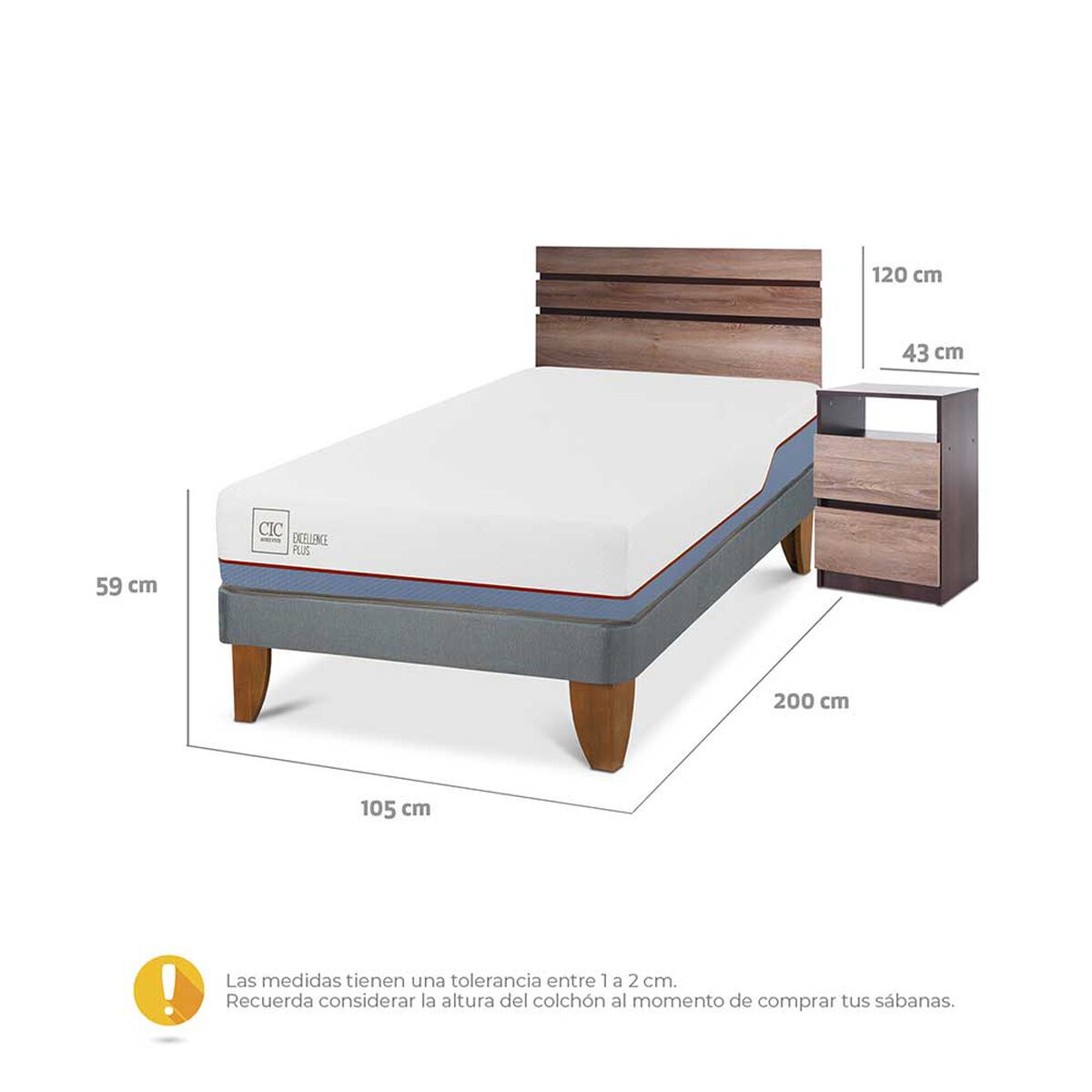 Cama Europea CIC 1,5 Plazas Excellence Plus + Respaldo + Velador