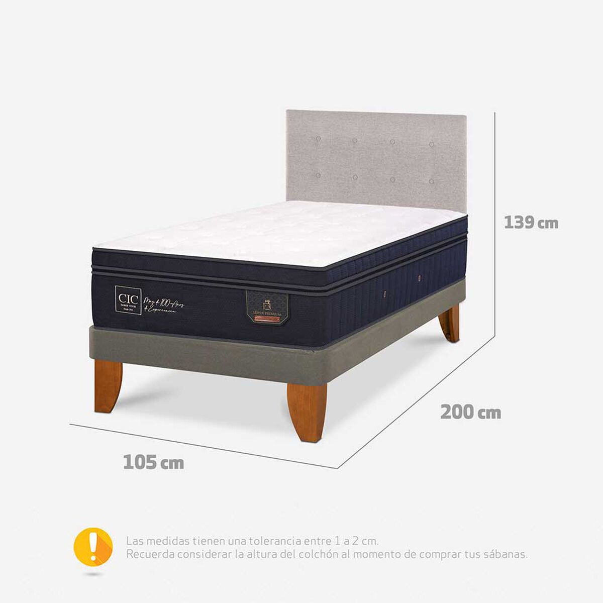 Cama Europea CIC 1,5 Plaza Super Premium +  Respaldo Tigris