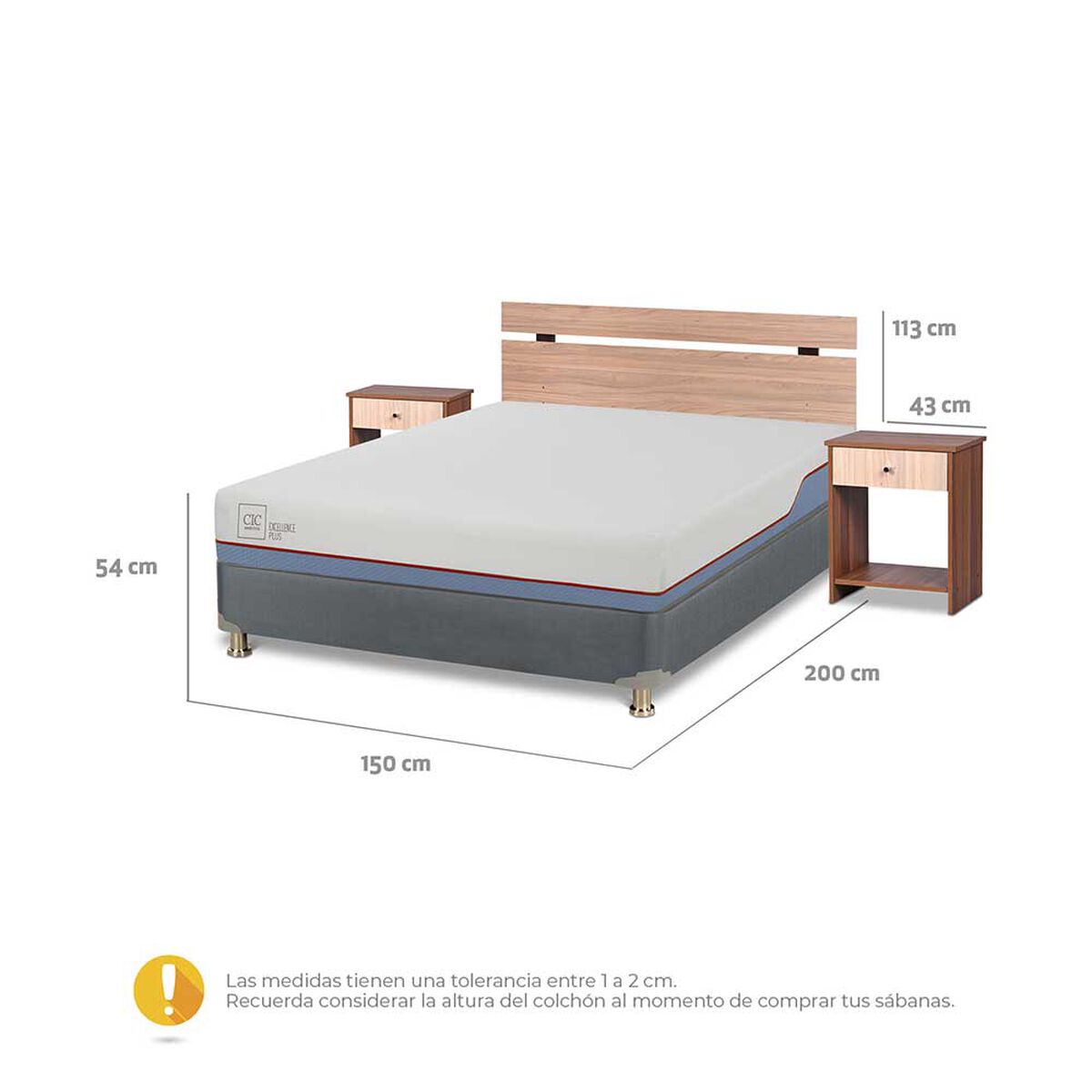 Cama Americana CIC Base Dividida 2 Plazas Excellence Plus + Respaldo + 2 Veladores