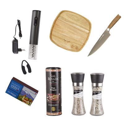 Set Parrillero Wayu Cuchillo Chef + Plato de Madera + Sacacorchos Eléctrico + Mix de Sales + Caja Fósforos