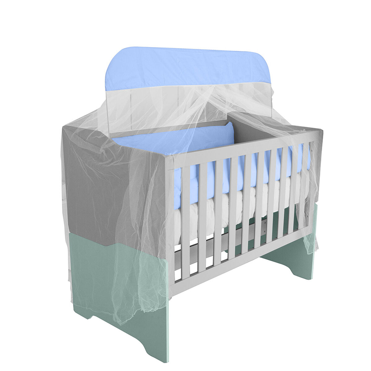 Combo Cuna Casanova Mini Luna Gris/Azul + Colchón Cuna Blanco + Set Textiles 9 Piezas Celeste