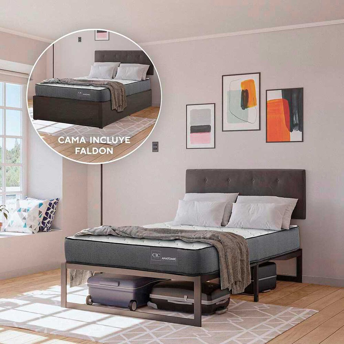 Cama Europea CIC Iron Smart 1,5 Plazas Anatomic + Respaldo Black Tapizado + Fald&oacute;n