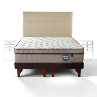 Cama Europea Flex Base Dividida S&uacute;per King M&aacute;ximo Cobre + Respaldo Design Crudo + 2 Veladores Roma