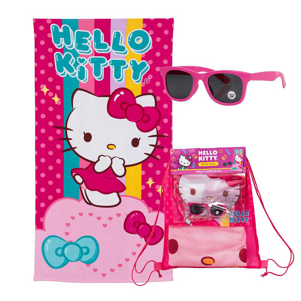 Toalla de Playa Infantil + Lente de Sol Sanrio Hello Kitty Puntos 70 x 140 cm
