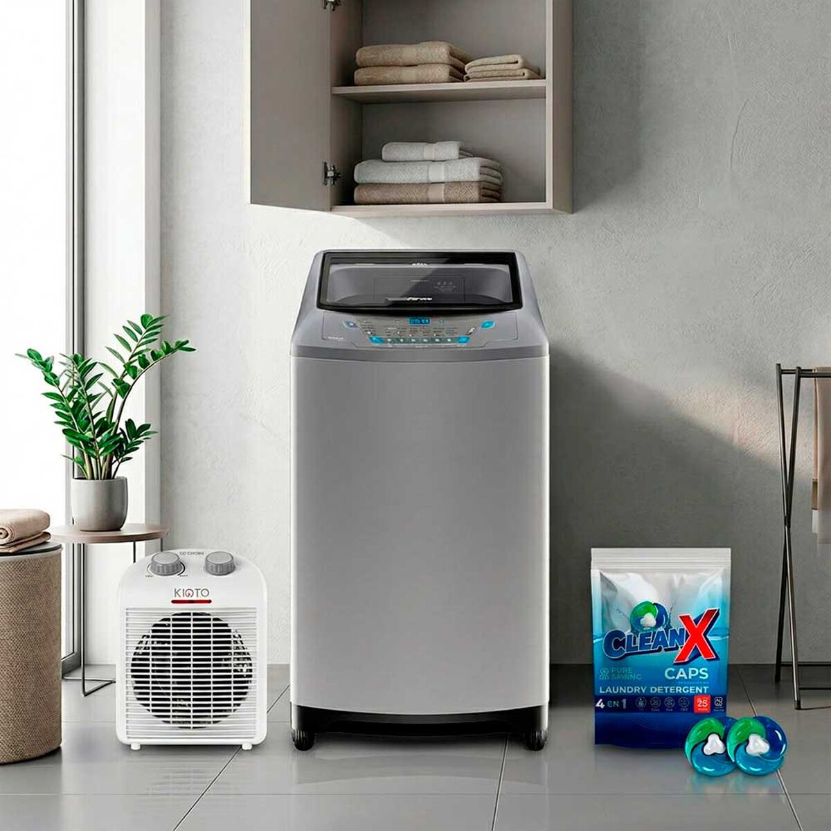Combo Lavadora Autom&aacute;tica Fensa Premium Care 20SZ 20 kg. + Detergente CleanX en 35 Capsulas + Calefactor Kioto GR25-TVIP21 Blanco