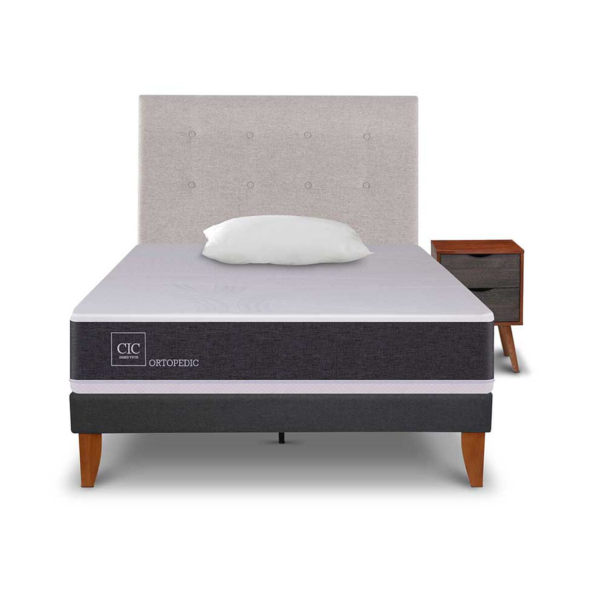 Cama Europea CIC 1,5 Plazas New Ortopedic + Respaldo Tigris + Velador + Almohada Viscoel&aacute;stica