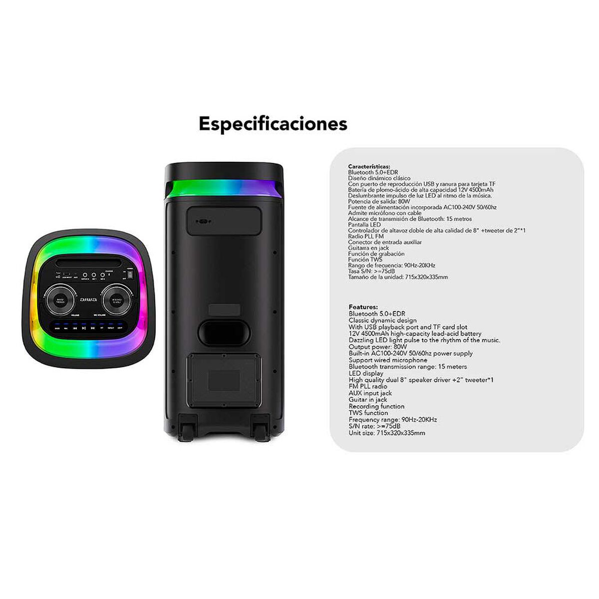 Parlante Portatil AIWA Karaoke Tws Led Aw-poh5d Negro