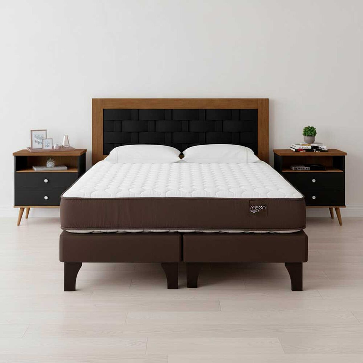 Combo Cama Europea Rosen Base Dividida 2 Plazas Ergo T + Respaldo + 2 Veladores Dreams 2 Plazas Treliza Negro + Pack Almohadas Celta Imperial Soft Blanco 65 x 45 cm
