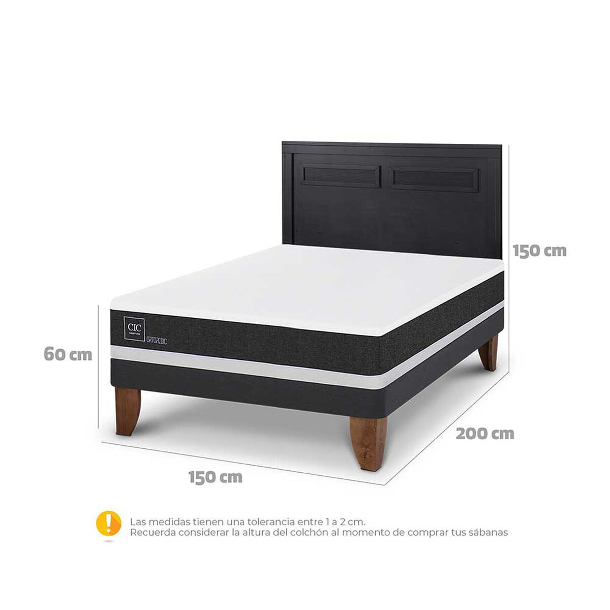 Cama Europea CIC 2 Plazas Ortopedic + Respaldo Milan Negro