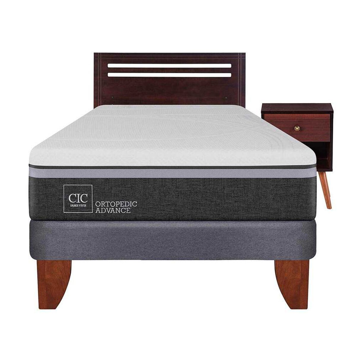 Cama Europea CIC 1,5 Plazas Ortopedic Advance + Respaldo + Velador New Munich