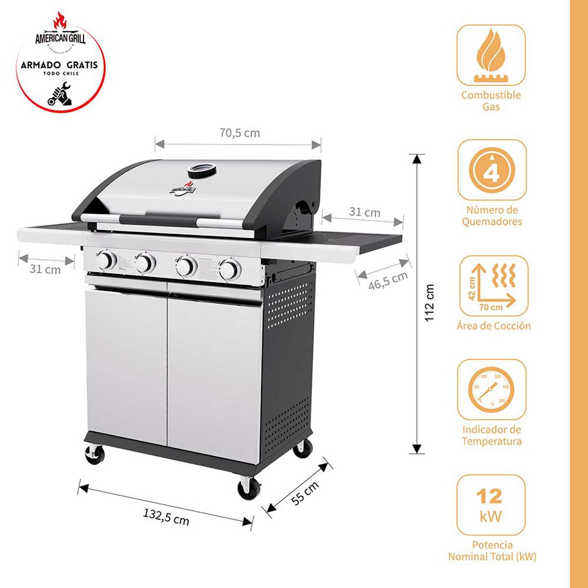 Parrilla a Gas American Grill 4 Quemadores New York Inox