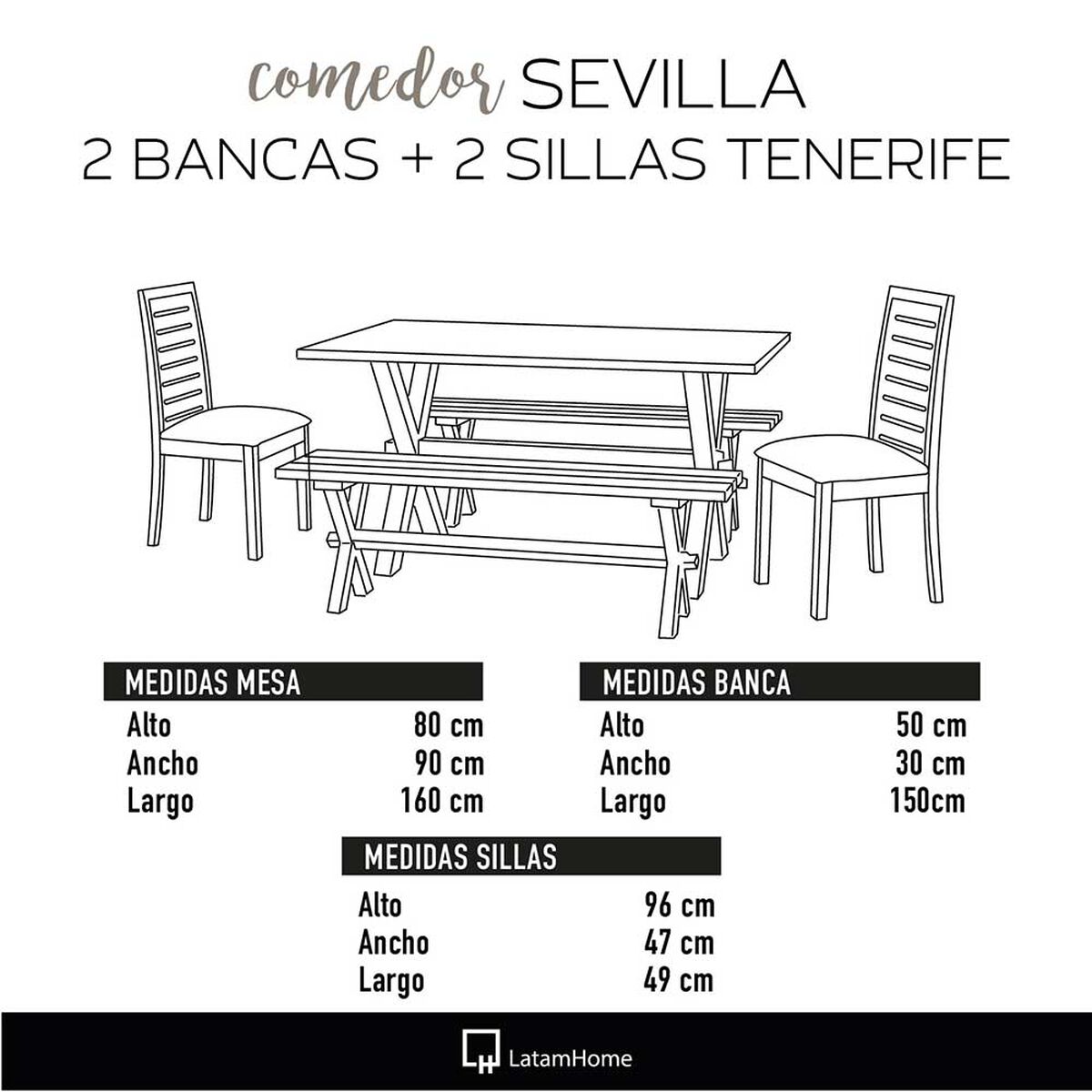 Juego de Comedor Latam Home Sevilla Tenerife 2 Sillas + 2 Bancas Velvet Chocolate