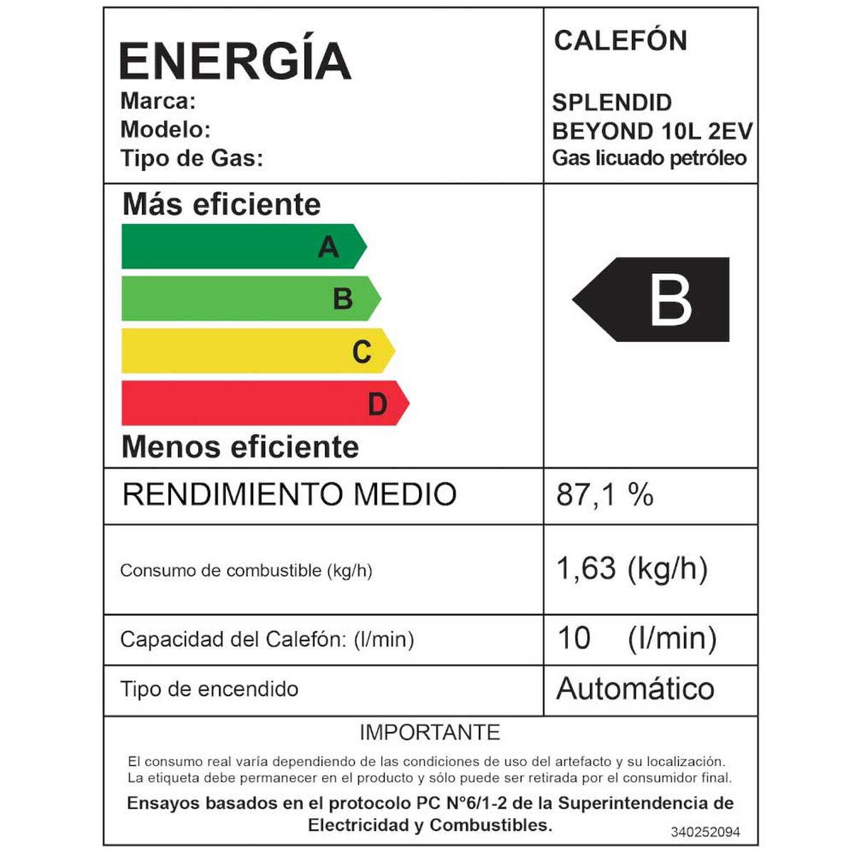 Calefont 10 litros Gas licuado Tiro natural Splendid