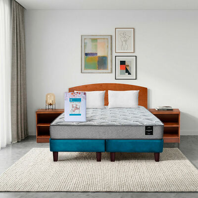 Combo Cama Europea Latam Home 2 Plazas Cannon BD Tela Azul + Textil + Respaldo + 2 Veladores Atlas