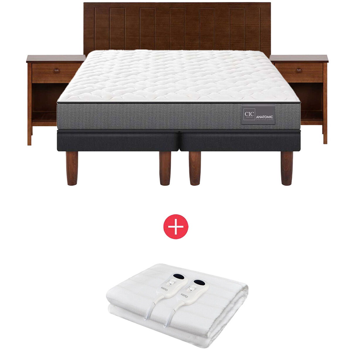 Combo Cama Europea CIC Base Dividida 2 Plazas Anatomic + Respaldo + 2 Veladores Casanova 2 Plazas Alassio + Calientacama Análogo Kioto CC2 2 Plazas