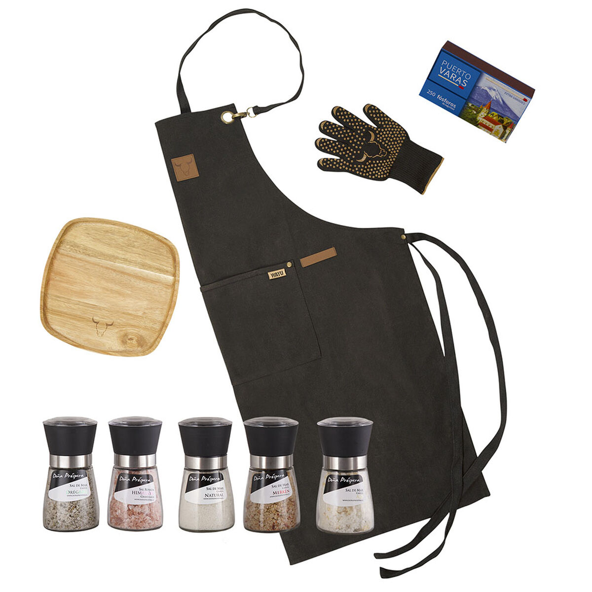 Set Parrillero Wayu Delantal + Guante Pro + Plato de Madera + Mix de Sales + Caja Fósforos