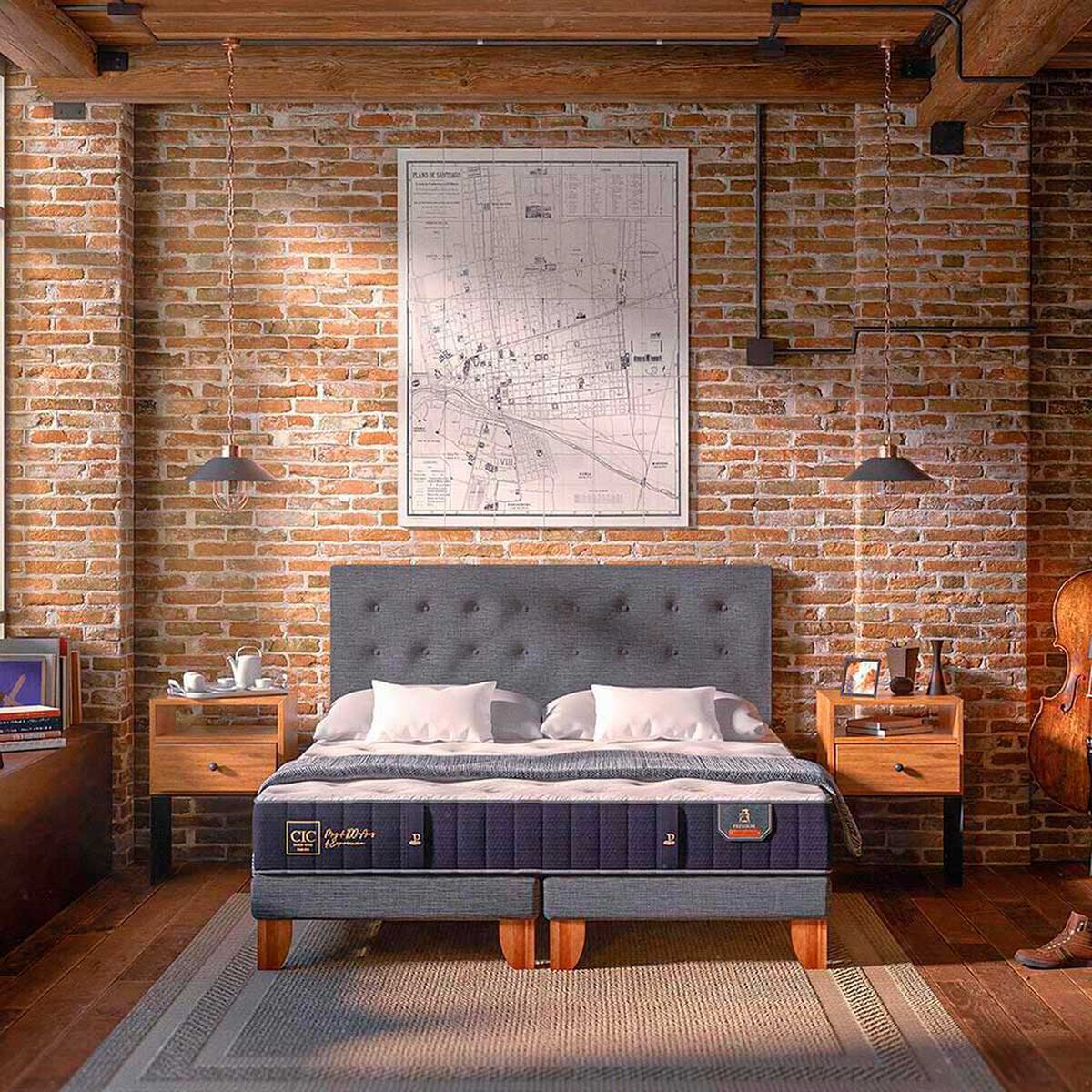 Cama Europea CIC Base Dividida 2 Plazas Premium + 2 Veladores New Dublin Chocolate