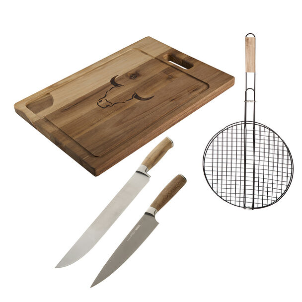Set Parrillero Wayu Cuchillo Butcher + Cuchillo Chef + Rejilla Redonda + Tabla Pro 50
