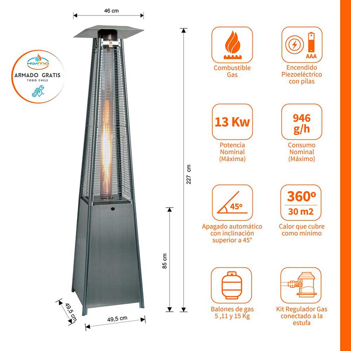 Estufa a Gas Exterior Terraza Klyma Obelisk Ionx