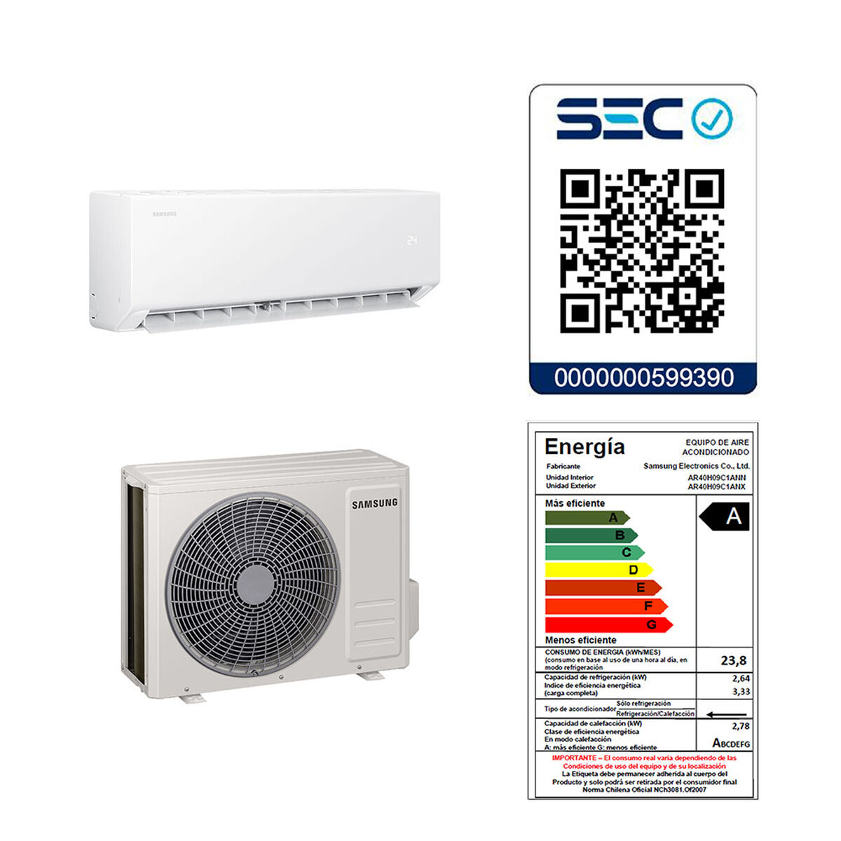 Aire Acondicionado Samsung AR40H09C1AN/ZS 9000 BTU