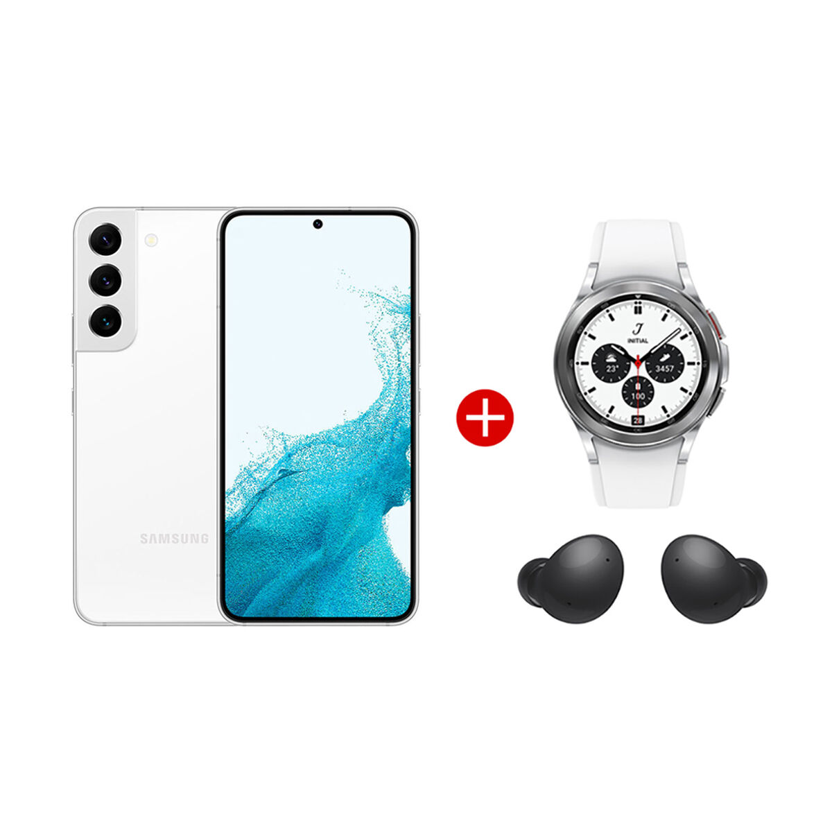 Combo Celular Samsung&nbsp;Galaxy S22 256GB 6,1" Phantom White Liberado + Smartwatch Galaxy Watch4 Classic 42mm Silver + Aud&iacute;fonos Bluetooth Galaxy Buds2 Graphite