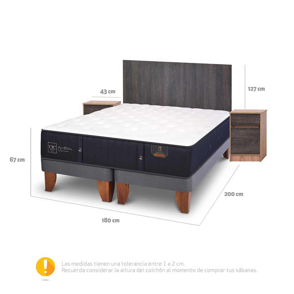 Cama Europea CIC Base Dividida King Premium + Respaldo + 2 Veladores Espresso