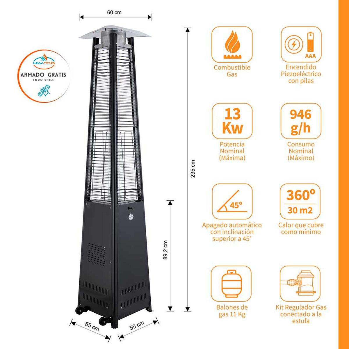 Estufa a Gas Exterior Terraza Klyma Trinx Negra