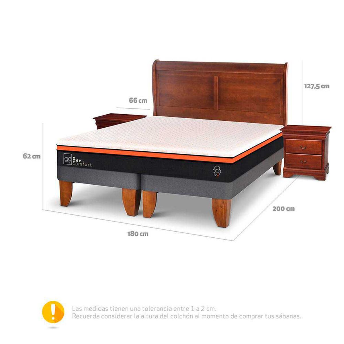 Cama Europea CIC Base Dividida King Bee Comfort + Respaldo + 2 Veladores