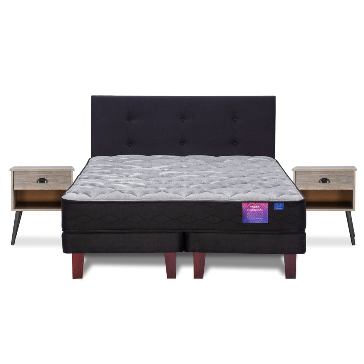 Cama Europea Flex Base Dividida 2 Plazas Therapedic Plus + Respaldo Royal + 2 Veladores Rock