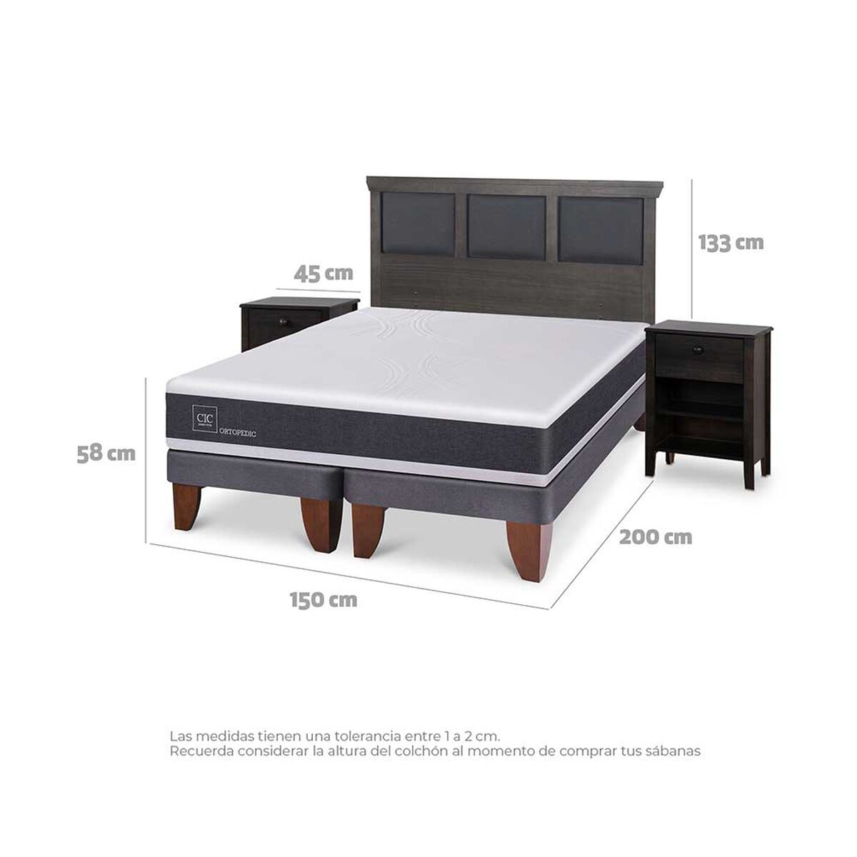 Cama Europea CIC Base Dividida 2 Plazas Ortopedic + Respaldo + 2 Veladores Torino