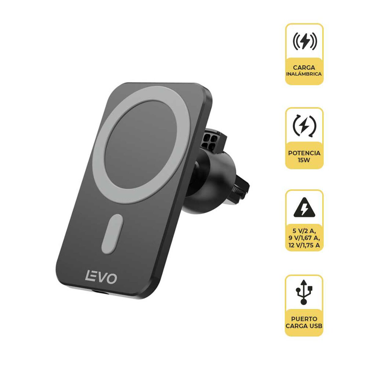 Cargador Magnético Inalámbrico Levo V+ Negro para Auto