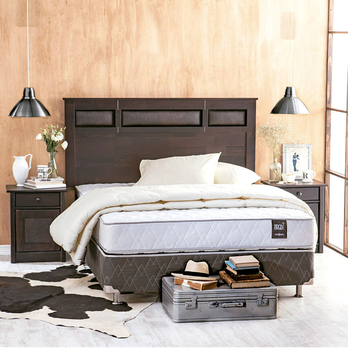 Box Spring 2 Plazas Rosen Ergo-T Respaldo+Veladores+Textil