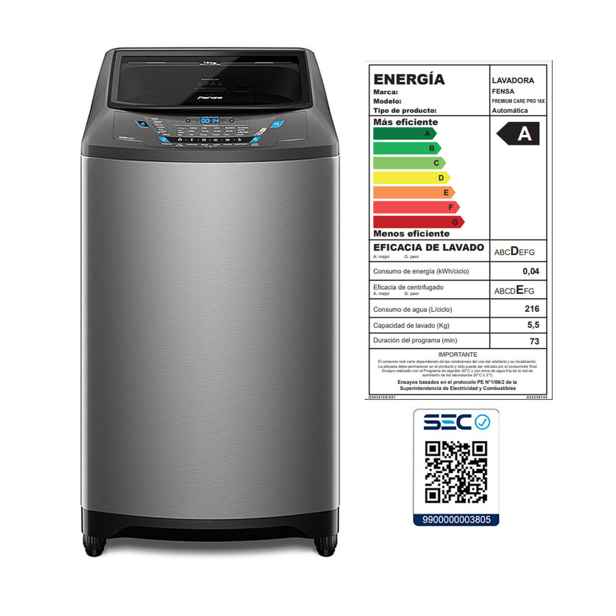 Lavadora Automática Fensa Premium Care Pro 16X 16 kg.