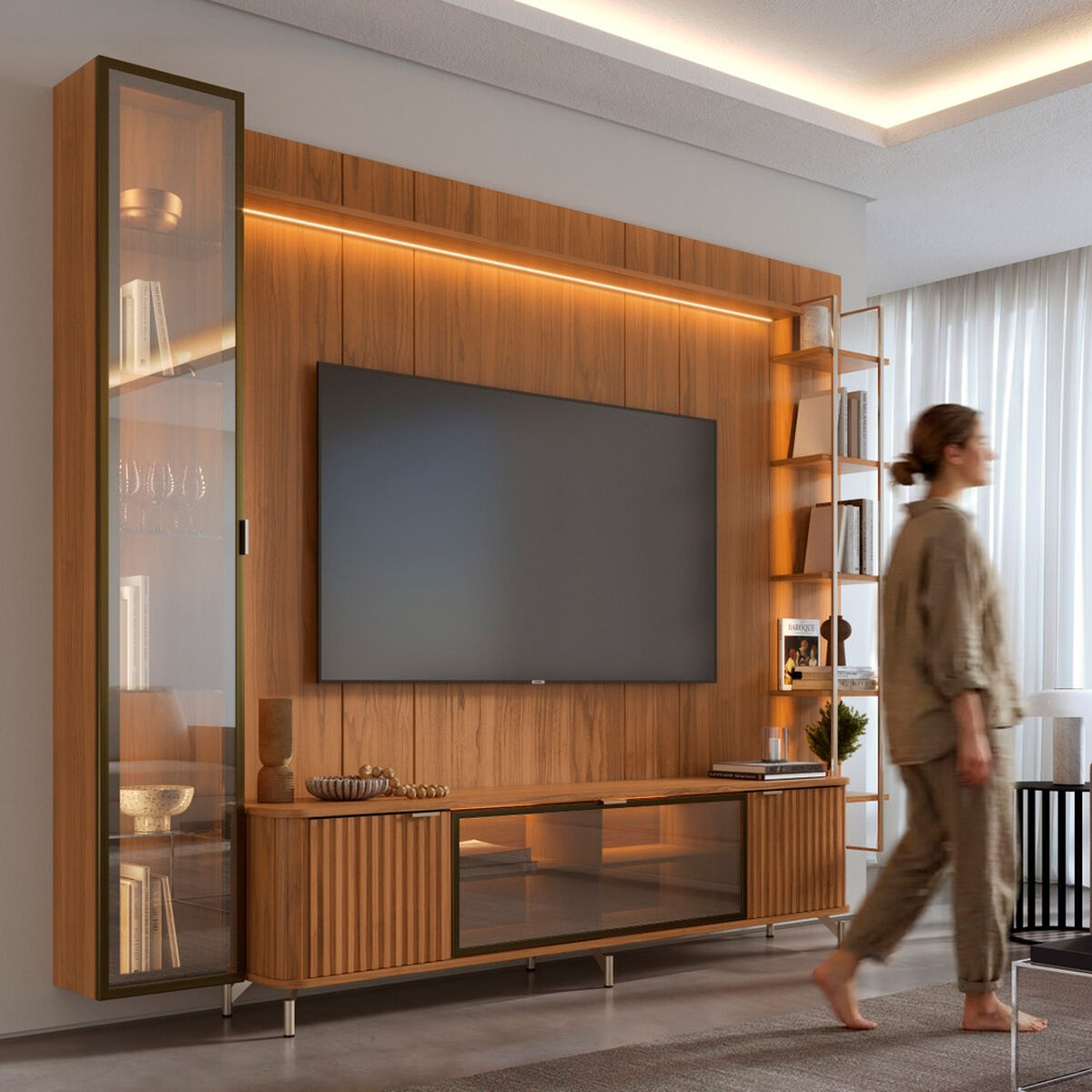 Rack TV 80" + Panel Neon Float Led + Vitrina + Repisas Decocasa Canela