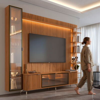 Rack TV 80" + Panel Neon Float Led + Vitrina + Repisas Decocasa Canela