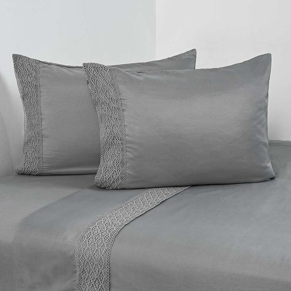 Juego de S&aacute;banas American Family King Crochet Gris