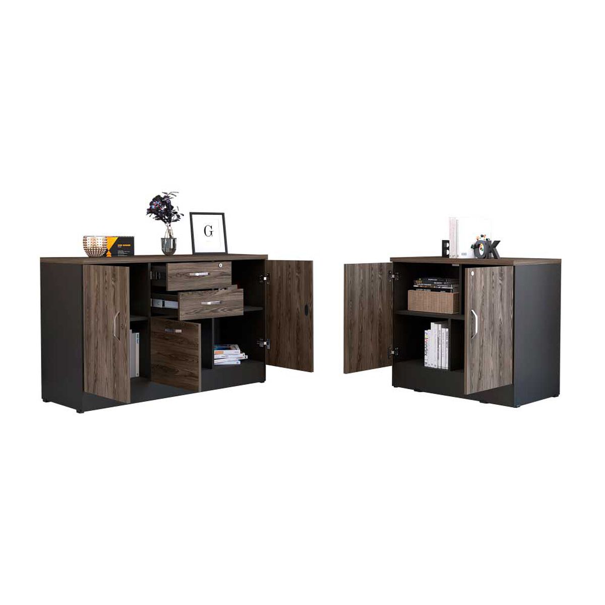 Combo Gabinete 2 Puertas + Cajonera 2 Puertas TuHome Home Office Negro Soft-Coñac
