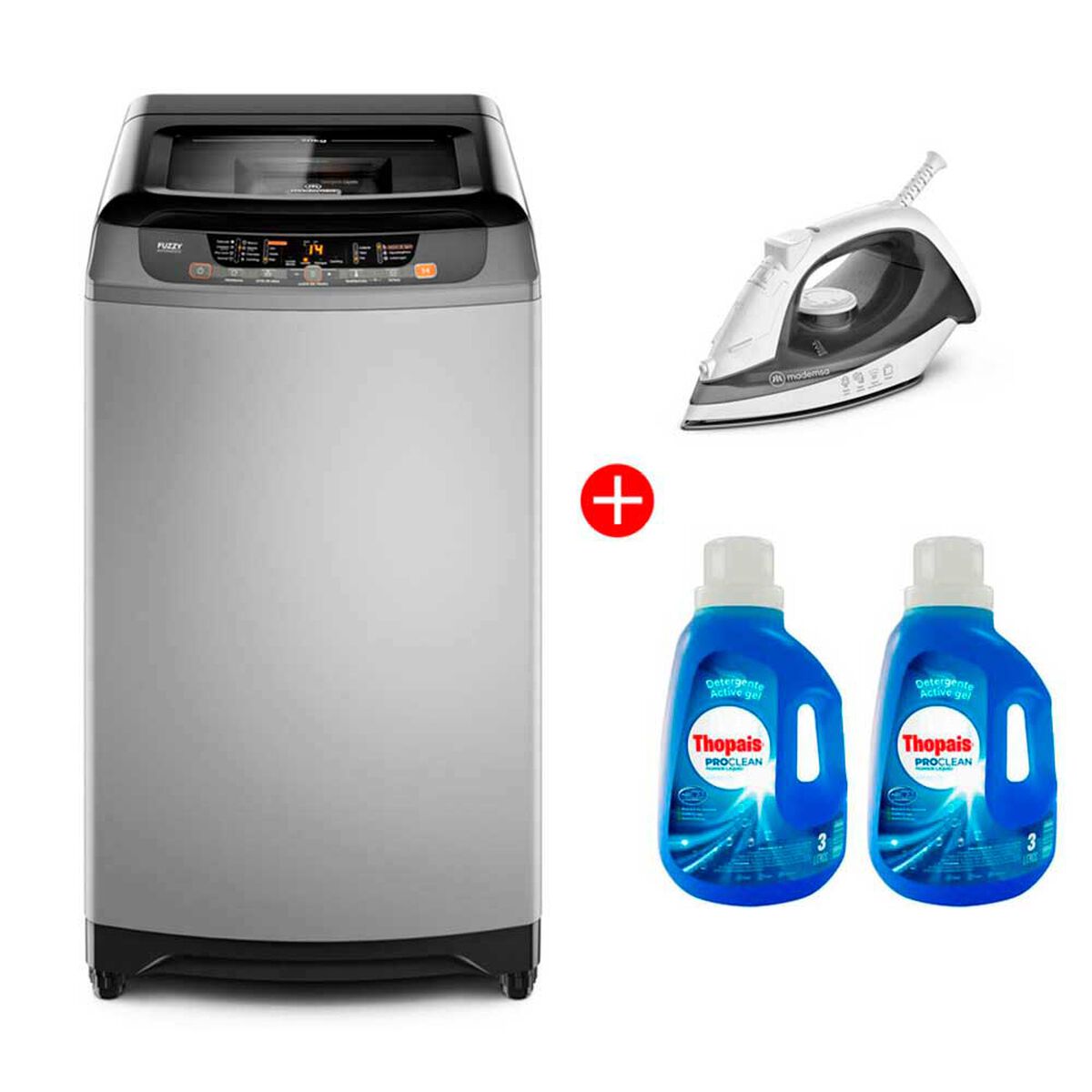 Combo Lavadora Automática Mademsa 20 SZG 20 kg. + Plancha a Vapor Mademsa MIR10 + 2 Detergentes Thopais Active Gel 3 lts.