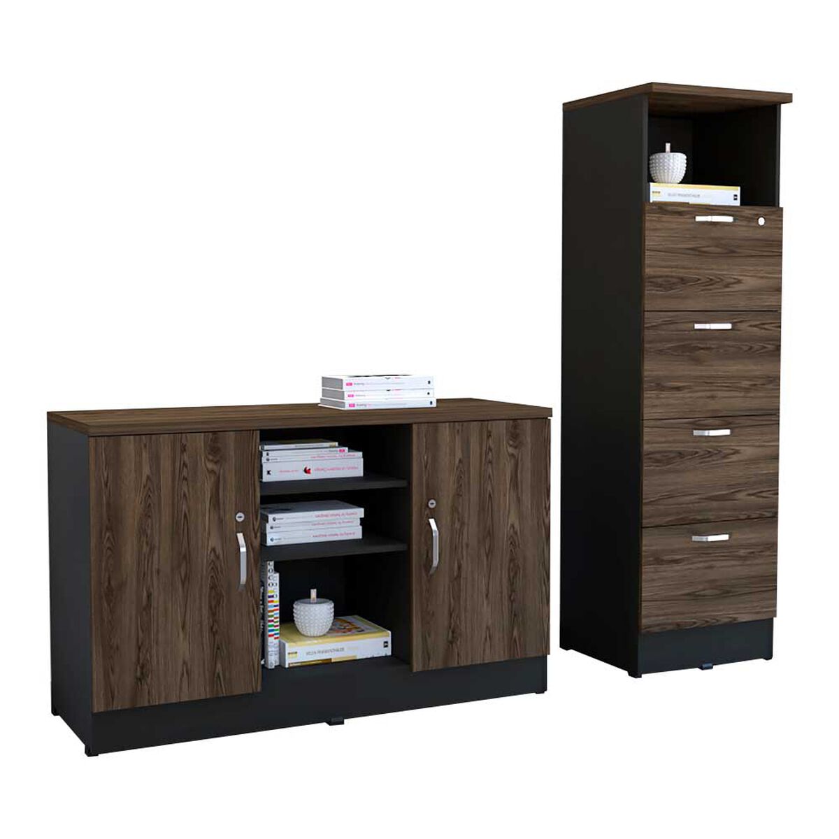 Combo Archivador Alto 4 Cajones + Gabinete 2 Puertas TuHome Home Office Negro Soft-Co&ntilde;ac