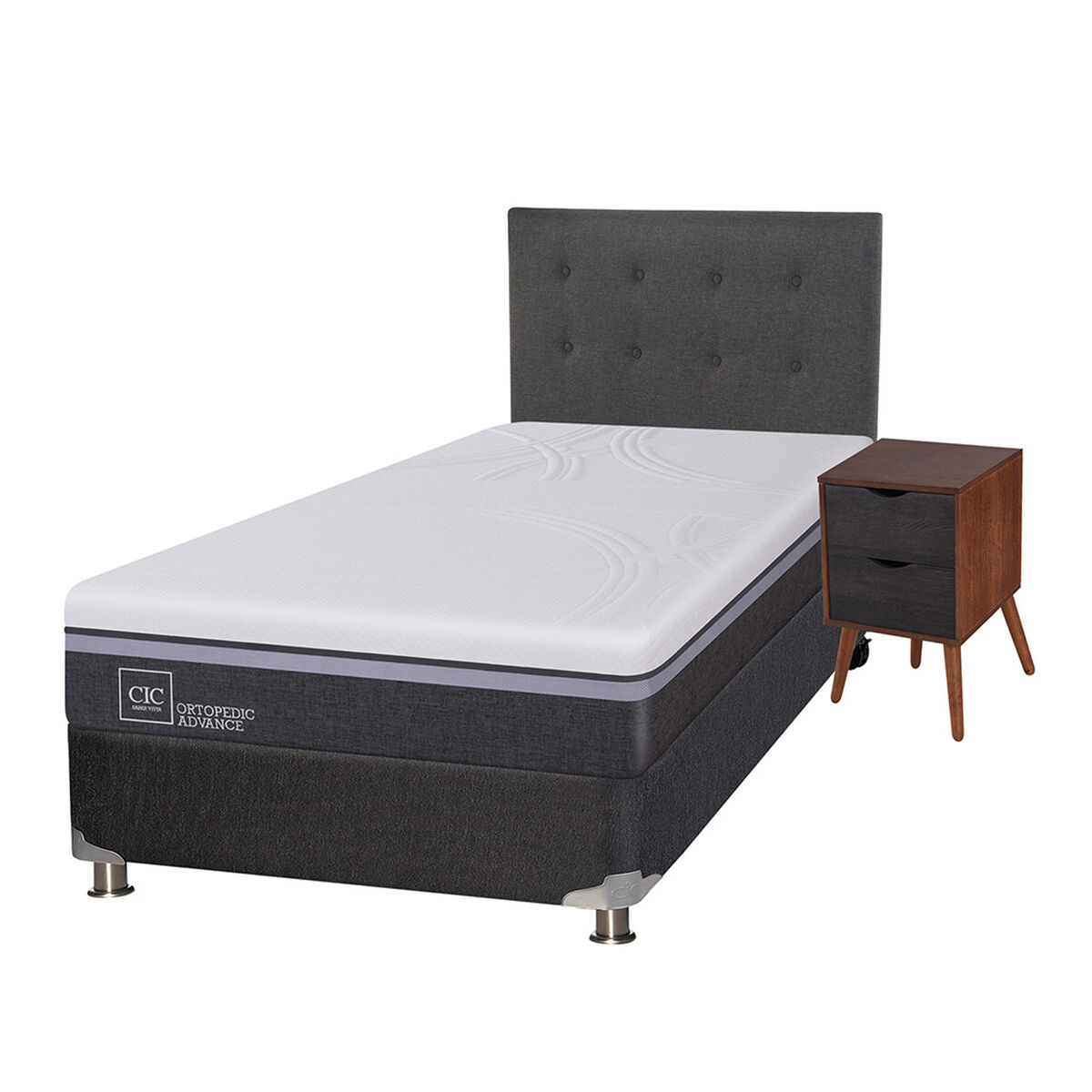 Box Spring CIC 1,5 Plazas Ortopedic Advance + Respaldo + Velador Eufrates