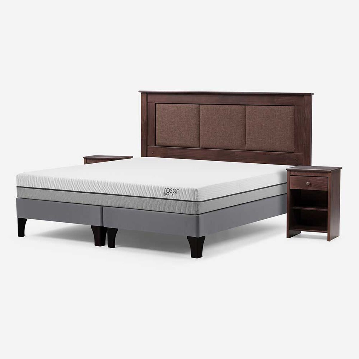Cama Europea Rosen Base Dividida 2 Plazas Pratta + Respaldo + 2 Veladores Rachel