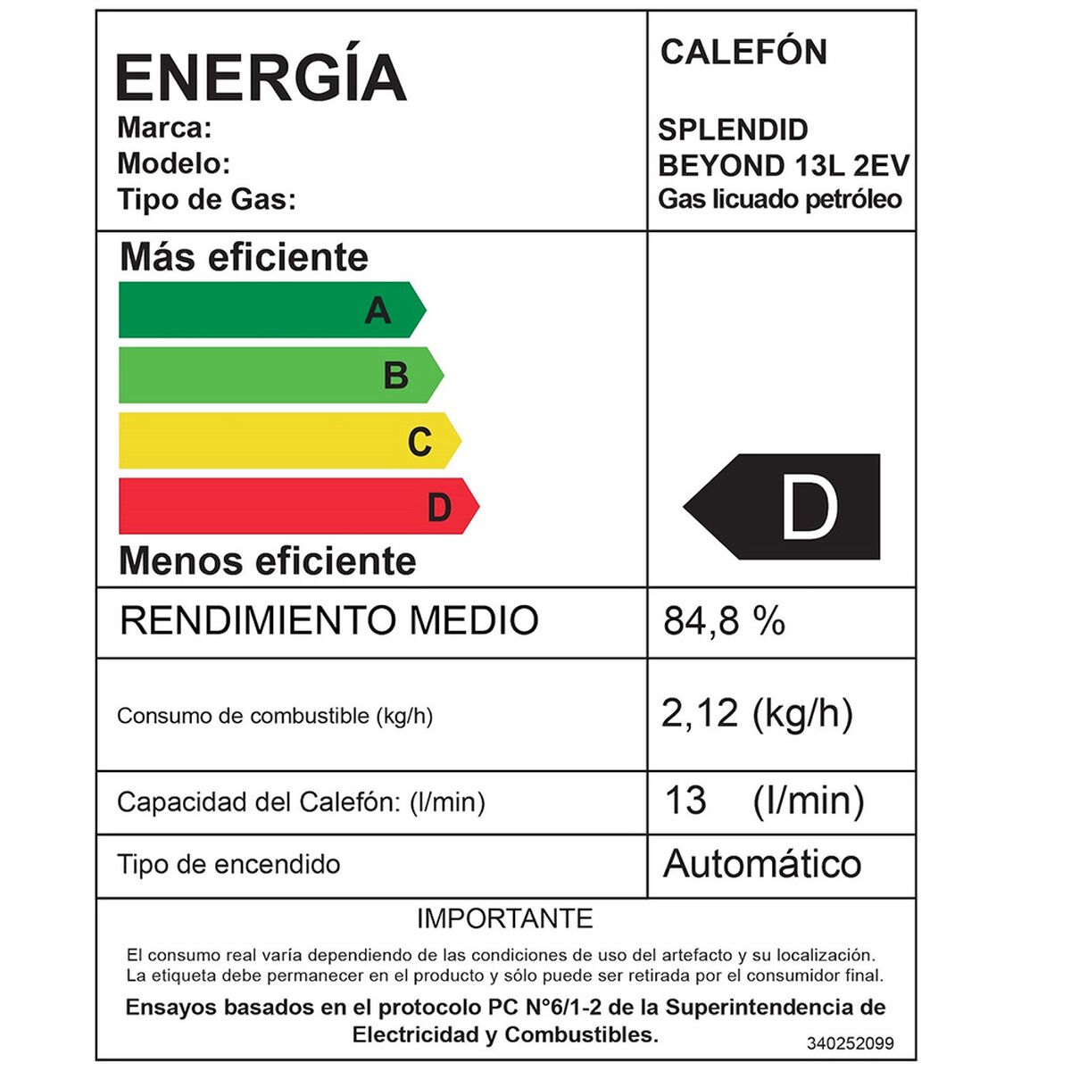 Calefont Gas Licuado Splendid Tiro Natural Ionizado 13 lts.