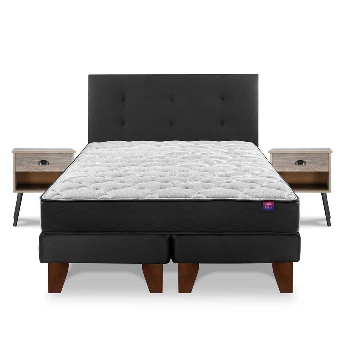 Cama Europea Flex Base Dividida 2 Plazas Therapedic Plus + Respaldo Royal + 2 Veladores Rock