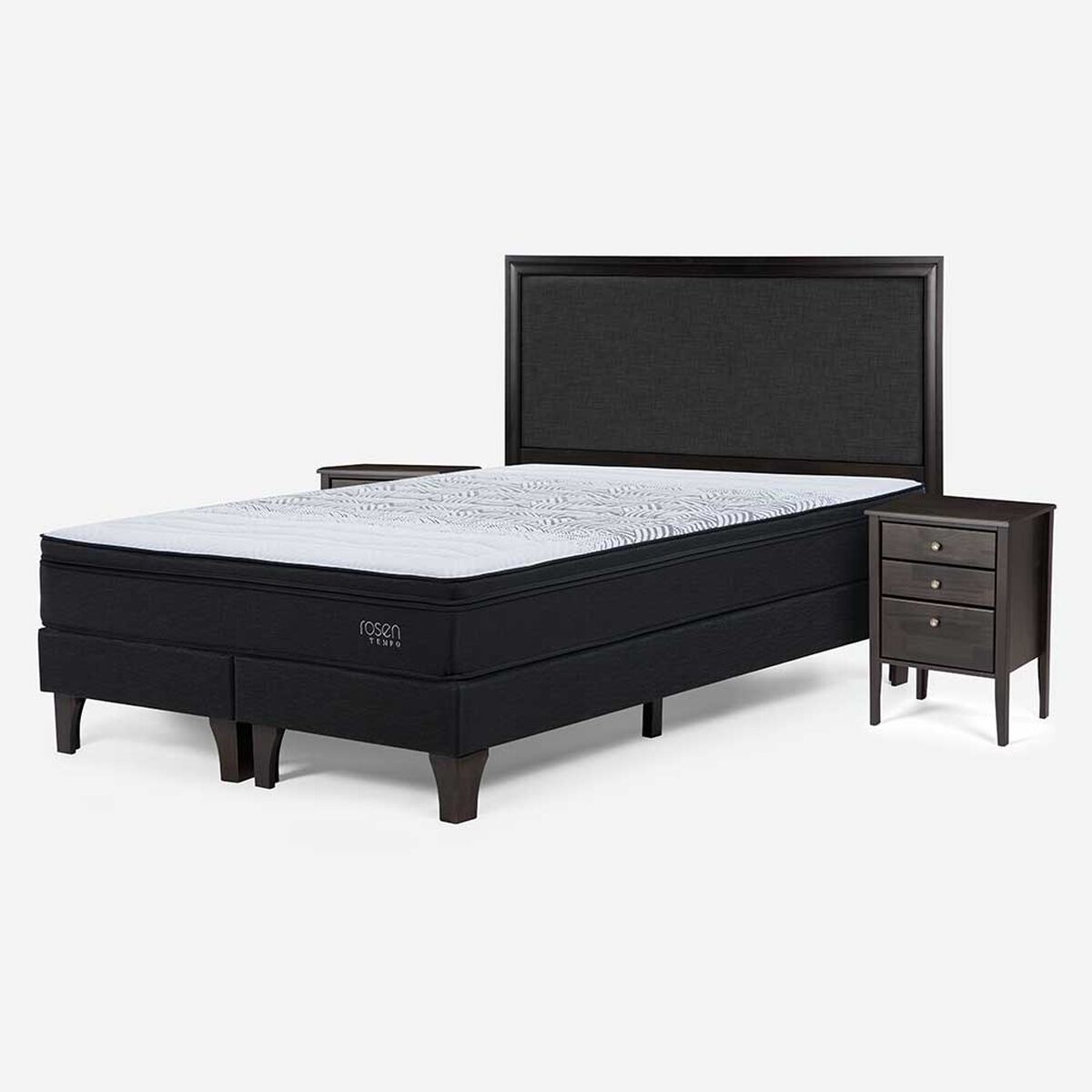 Cama Europea Rosen Base Dividida 2 Plazas Tempo + Respaldo + 2 Veladores Nolita Grafito