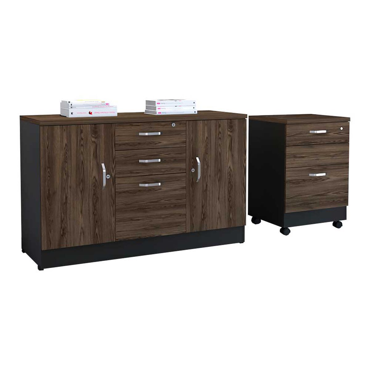 Combo Archivador 3 Cajones + Gabinete 2 Puertas TuHome Home Office Negro Soft-Coñac