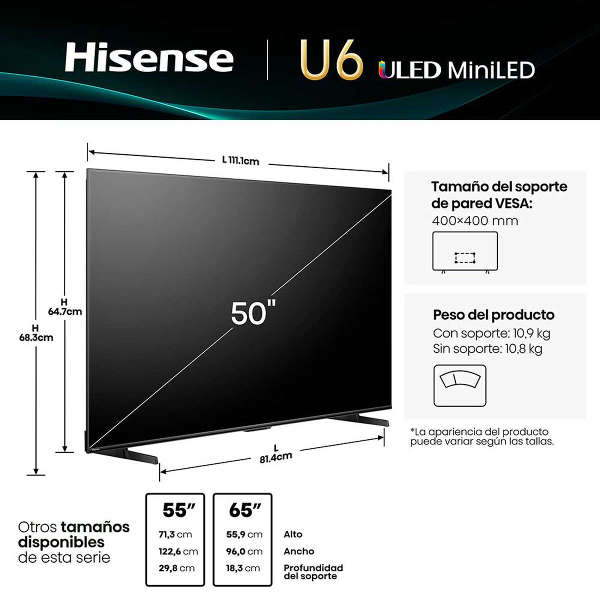 MINI LED Hisense 50U6QV 50" Ultra HD 4K