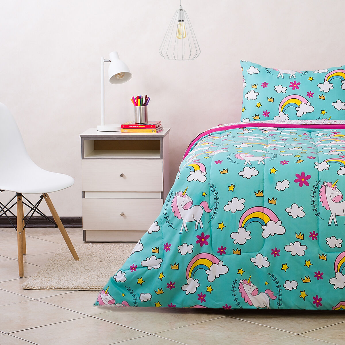 Set Plumón + Juego De Sábanas Unicornio 1.5 Plazas