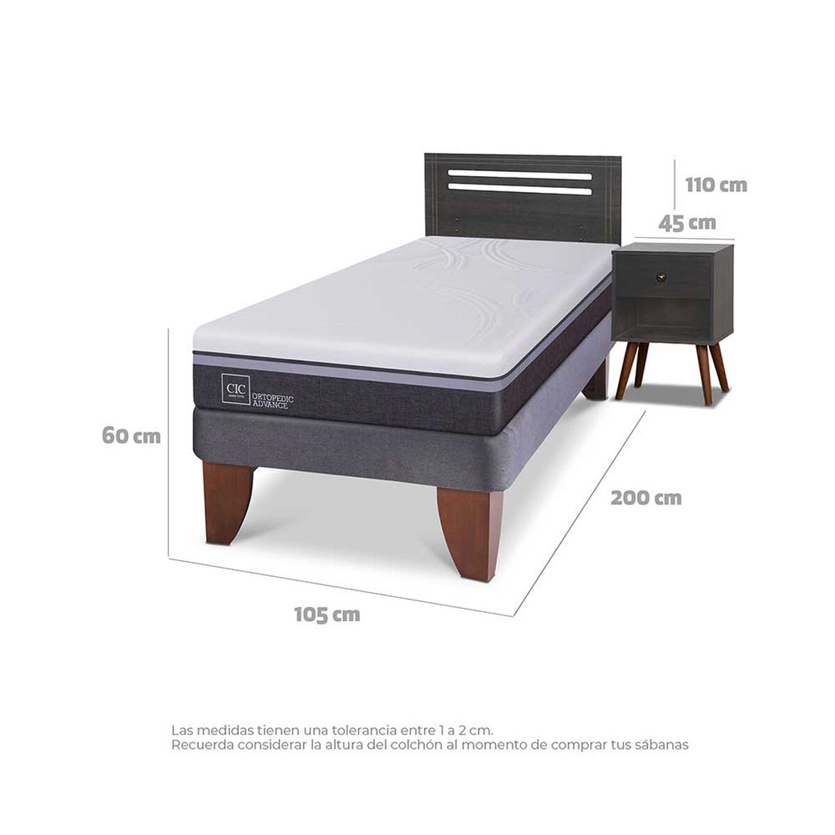 Cama Europea CIC 1,5 Plazas Ortopedic Advance + Respaldo + Velador Munich