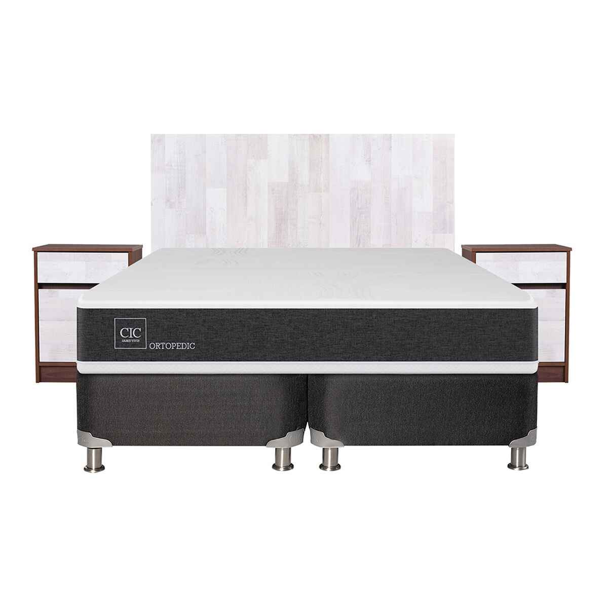 Box Spring CIC Base Dividida 2 Plazas Ortopedic + Respaldo + 2 Veladores