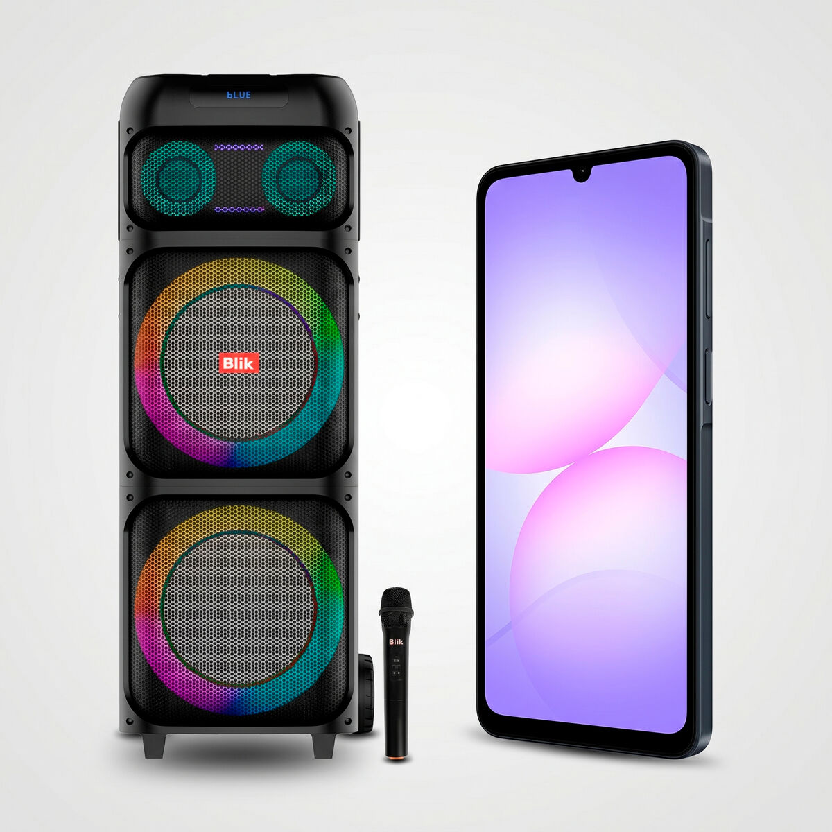 Combo Parlante Bluetooth Blik Light Up 700 Negro + Celular Samsung Galaxy A07 LTE 4G 128GB Negro
